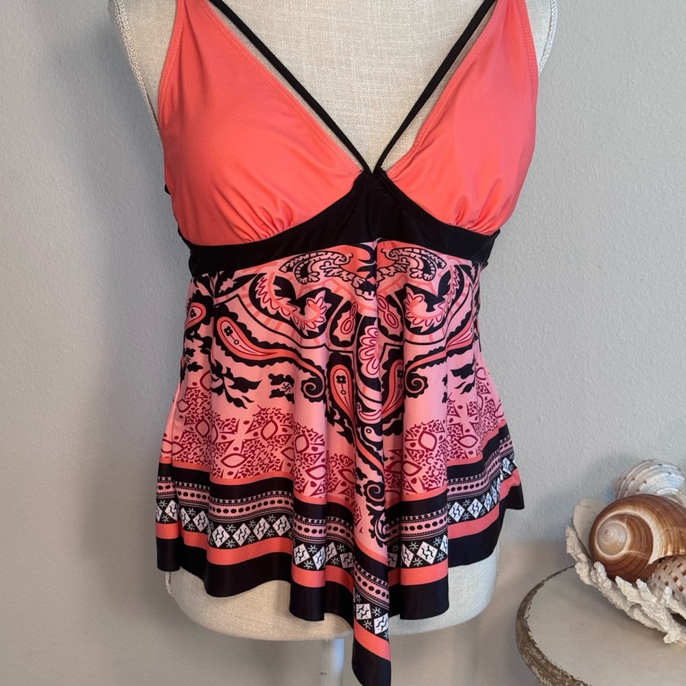 Women's Pink and Black Paisley Swim Top